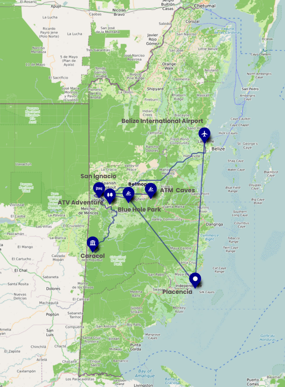 Belize-Adventure-Tour-Map - Authentic Travel Belize Travel Map of The Belize Adventure Tour