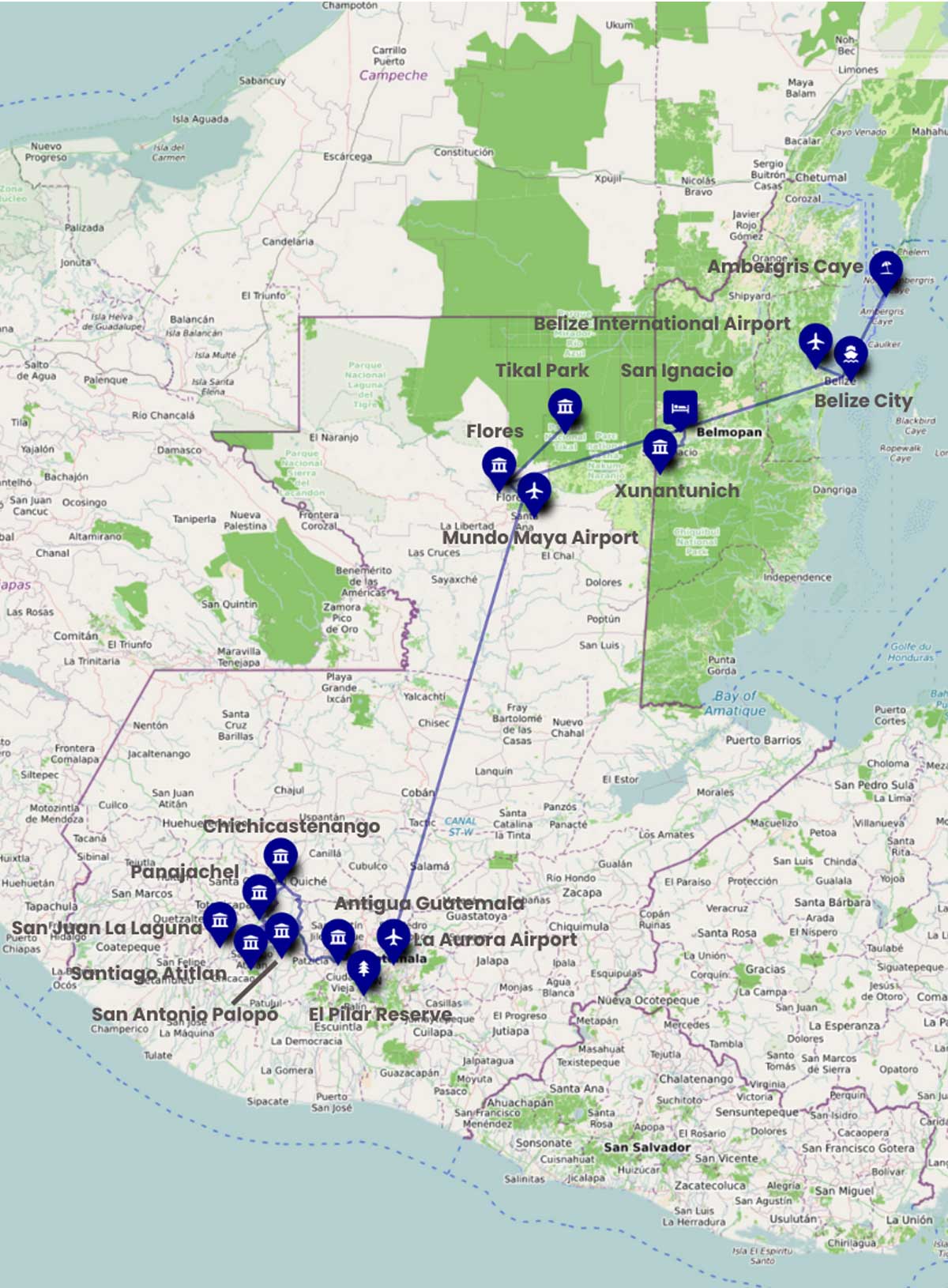 Belize-And-Guatemala-Tour-Map - Authentic Travel Belize Ultimate Belize and Guatemala Itinerary Tour Map
