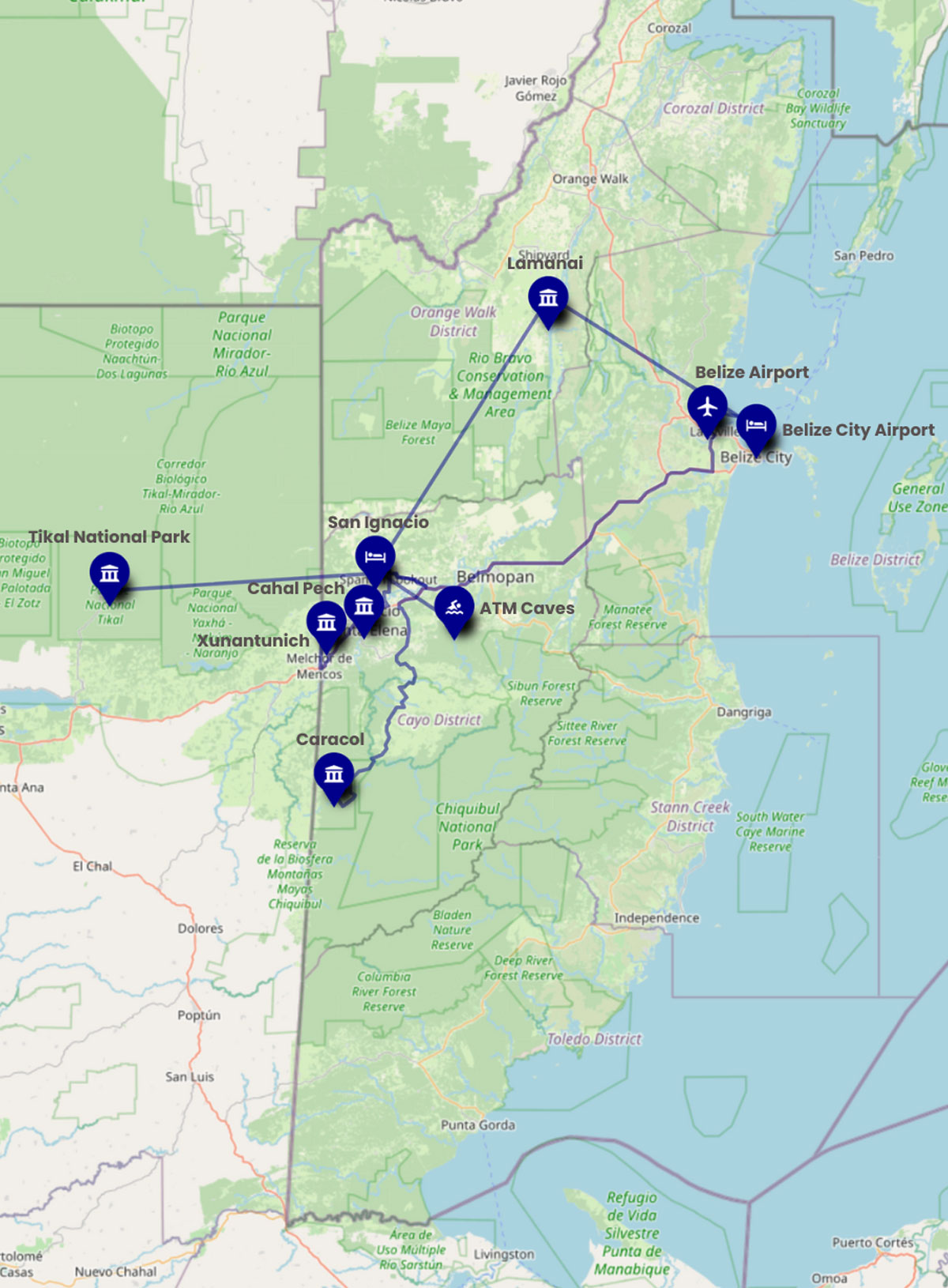 Belize-Tikal-tour - Authentic Travel Belize Travel Map of The Belize Tikal Archaeological Tour