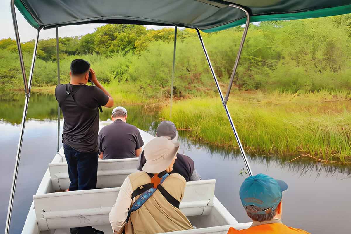 ravelers on a guided boat tour exploring Crooked Tree’s wildlife-rich wetlands during package holidays to Belize