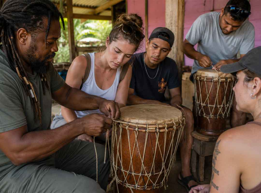 Drum-Creation-Workshop - Authentic Travel Belize Participants learning traditional drum construction with local artisans during a hands-on Garifuna Drumming Workshop, Belize, surrounded by natural materials and a tropical cultural setting.