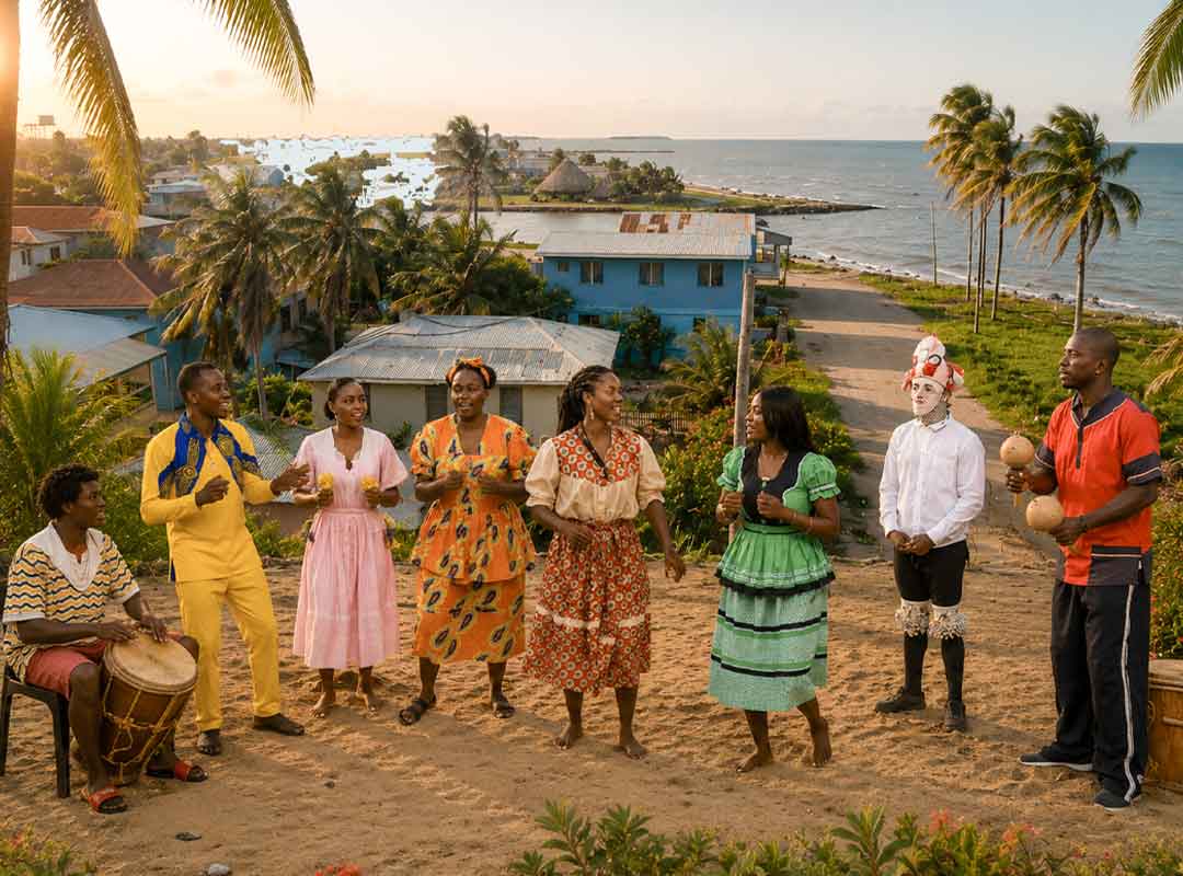 Hopkins-Colorful-Enviroment - Authentic Travel Belize Garifuna drummers and dancers performing on a tropical Belizean coastline at sunset, surrounded by palm trees and seaside village scenery during a traditional Garifuna Drumming Workshop, Belize.