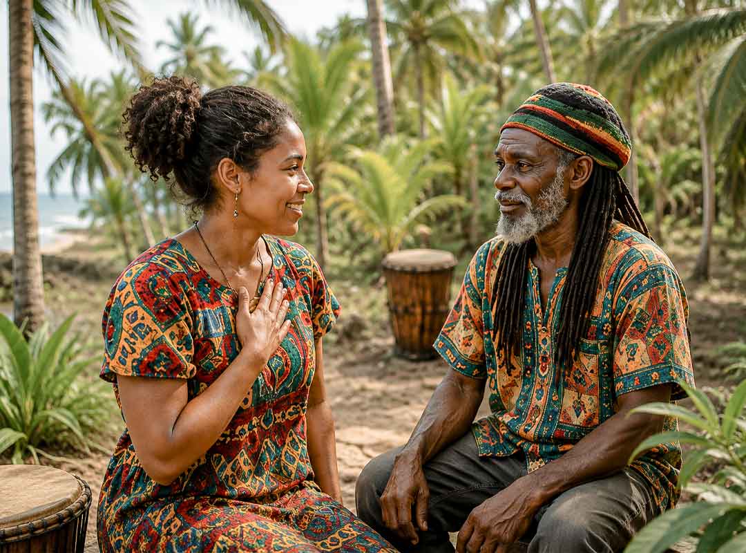Respect-and-Etiquette - Authentic Travel Belize Traveler sharing a respectful cultural exchange with a Garifuna elder surrounded by tropical palms and traditional drums during a Garifuna Drumming Workshop, Belize.