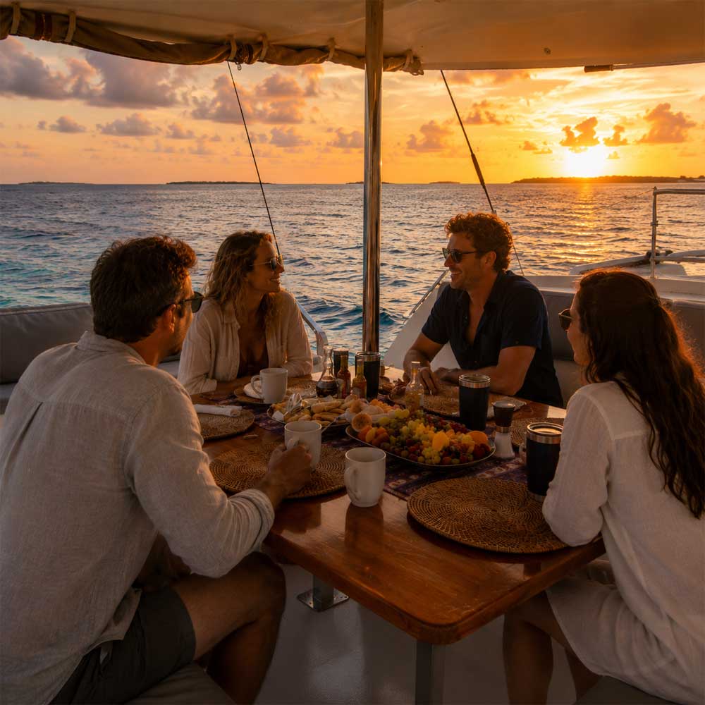 Saling-Belize-1 - Authentic Travel Belize Two couples enjoying sunset conversations aboard a luxury catamaran during a Belize sailing vacation, surrounded by tropical fruits, cocktails, and panoramic Caribbean reef views.