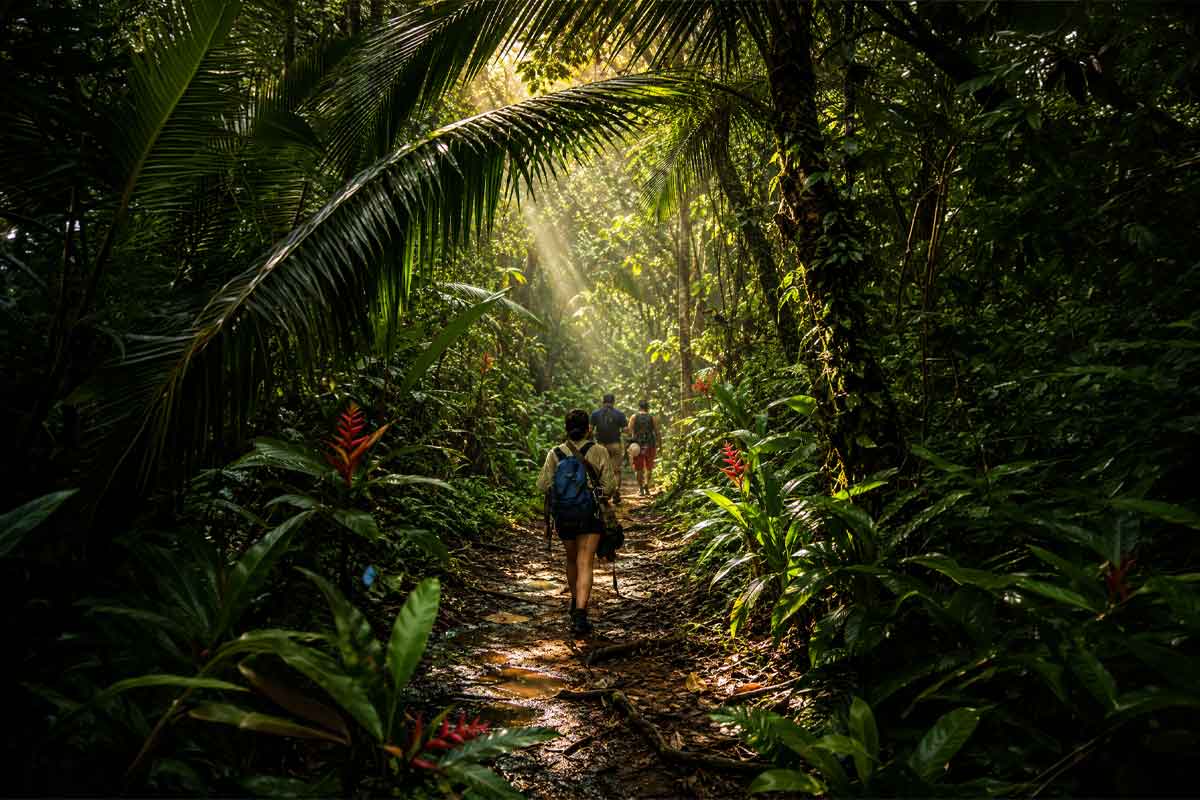 Belize-Eco-&-Sustainable-Travel - Authentic Travel Belize Group hiking through the tropical forest of Belize on an eco-friendly guided experience, representing nature-focused Belize travel styles and sustainable travel.