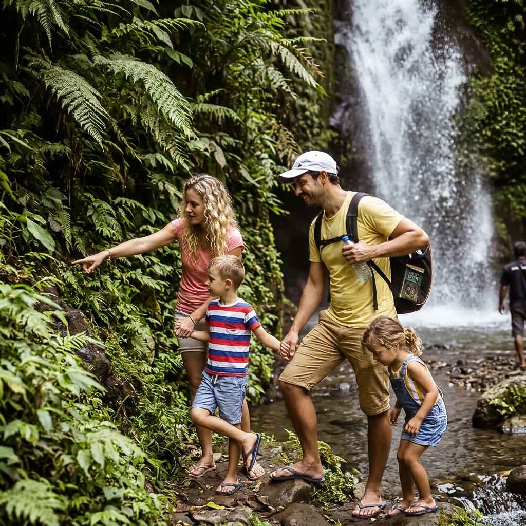Belize-Family-Adventure - Authentic Travel Belize Belize Family Vacations with parents and children exploring a lush rainforest trail near a waterfall, discovering nature together at a relaxed family pace.