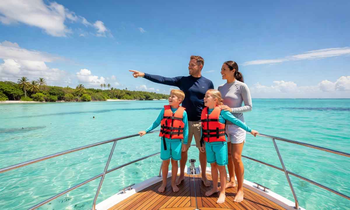 Belize-Family-Tours - Authentic Travel Belize Belize Family Vacations with parents and two children on a boat watching wildlife along the tropical shores of Belize.