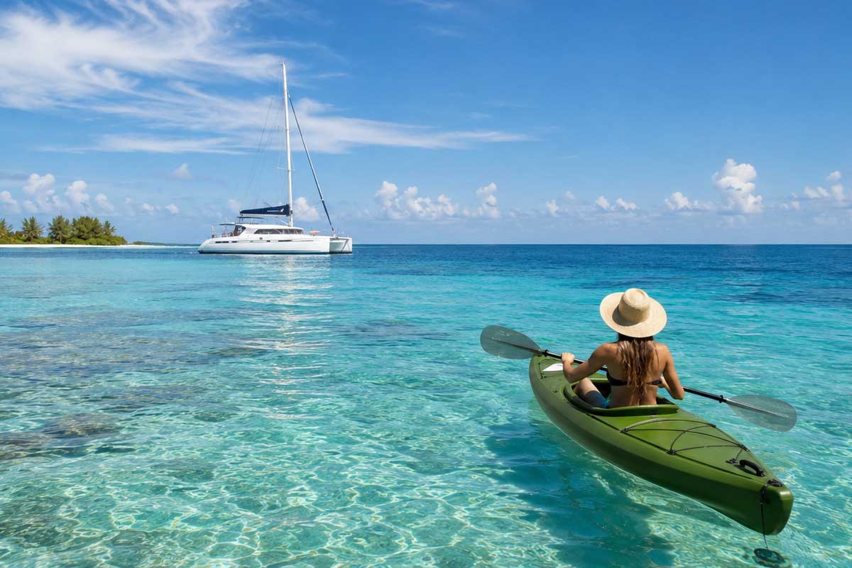 Belize-Luxury-&-Boutique-Travel - Authentic Travel Belize Woman kayaking in the quiet waters of the Belize Reef, with a luxury catamaran in the distance, reflecting elegant and serene Belize travel styles.