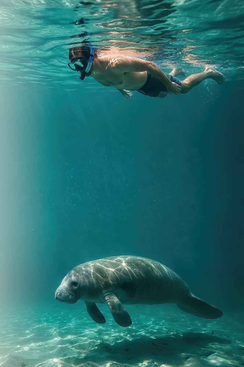 Manatee-Encounter - Authentic Travel Belize Snorkeler observing a manatee in clear Belize waters during a Belize luxury and boutique travel marine wildlife experience.