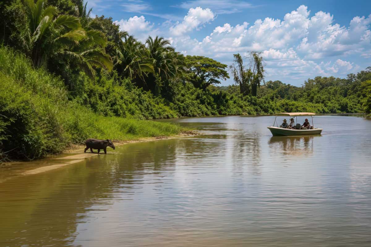 Rainforest and Wildlife - Authentic Travel Belize Travelers in a boat watching a tapir along a Belize river, capturing rainforest and wildlife experiences that define immersive Belize travel styles.